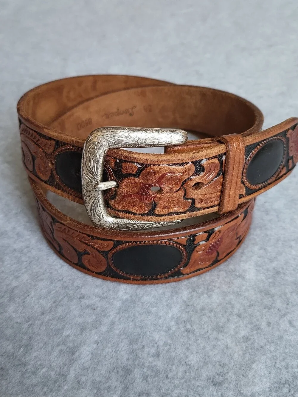 Vintage Looper Western Belt Mens 38 Brown Leather Embossed Tooled Handmade USA